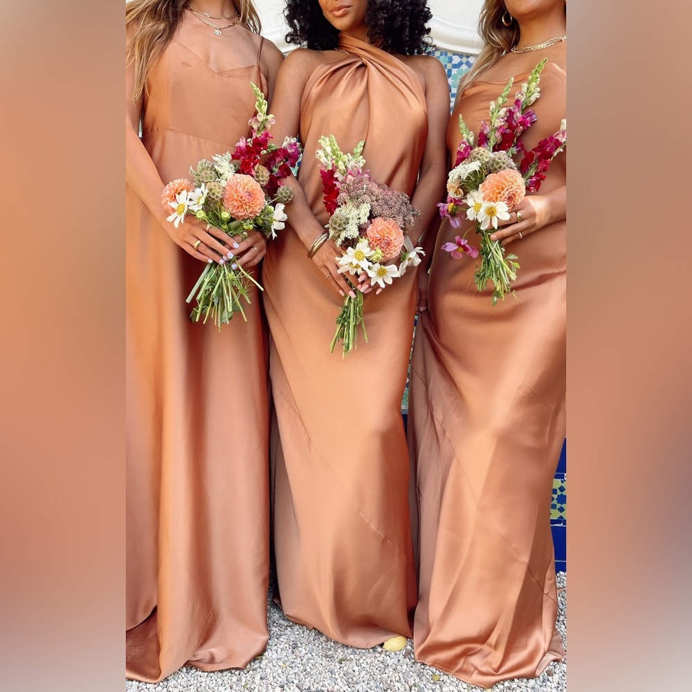 Show Me Your MuMu Jasmine Halter Maxi Dress in Copper Luxe Satin Small Wedding
